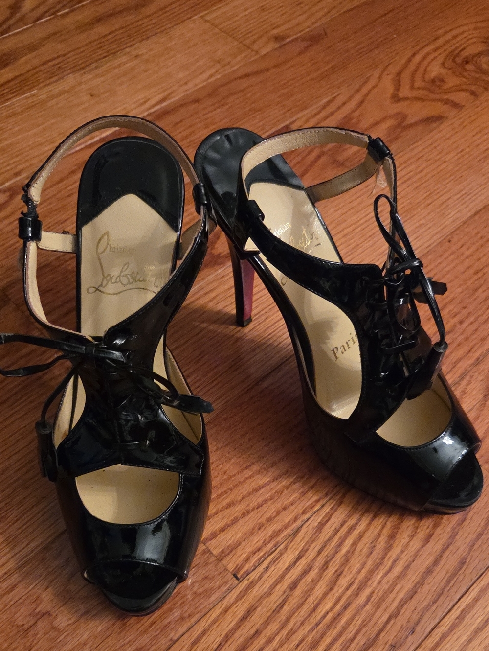 Christian Louboutin Black Patent Peep-Toe Lace-Up Slingback Heels